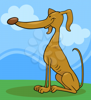 Cartoon Illustration of Funny Greyhound Dog against Sky with Clouds