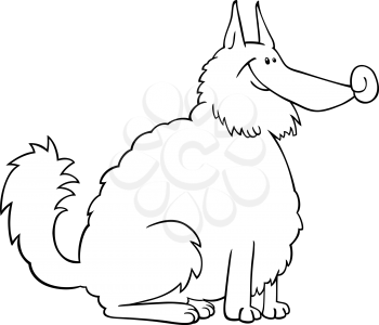 Black and White Cartoon Illustration of Shaggy Purebred Eskimo Dog or Spitz or Sheepdog for Coloring Book or Coloring Page