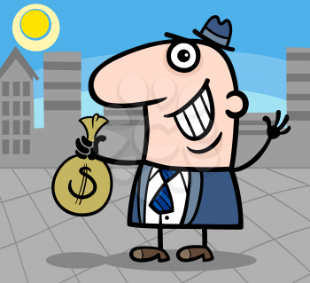 Cartoon Illustration of Happy Man or Businessman with Bag of Money in Cash in the City