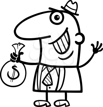 Black and White Cartoon Illustration of Happy Man or Businessman with Bag of Money in Cash
