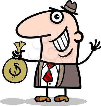 Cartoon Illustration of Happy Man or Businessman with Bag of Money in Cash