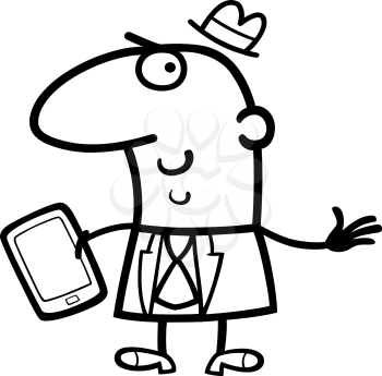 Black and White Cartoon Illustration of Man or Businessman with Tablet PC or Mobile Phone