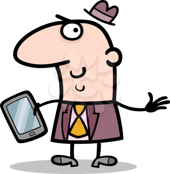 Cartoon Illustration of Man or Businessman with Tablet PC or Mobile Phone