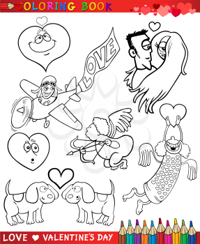 Valentines Day and Love Themes Collection Set of Black and White Cartoon Illustrations for Coloring Book