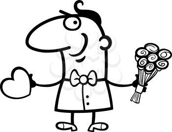 Black and White Cartoon St Valentines Illustration of Happy Funny Man in Love with Valentine Card and Bunch of Flowers