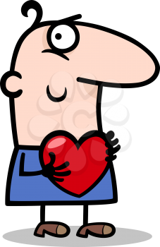 Cartoon St Valentines Illustration of Funny Man in Love with Heart in his Hands