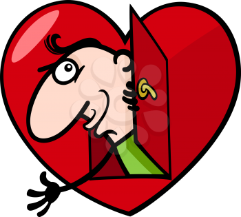 Cartoon St Valentines Illustration of Funny Man in Love in Big Heart or Valentine Card