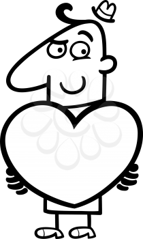 Black and White Cartoon St Valentines Illustration of Man in Love with Heart or Valentine Card in his Hands