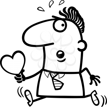 Black and White Cartoon St Valentines Illustration of Late Running Man in Love with Heart or Valentine Card