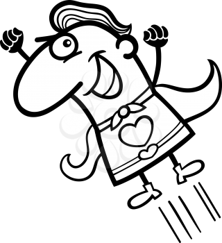 Black and White Cartoon Illustration of Funny Flying Man in Superhero Costume with Heart Sign for Valentines Day