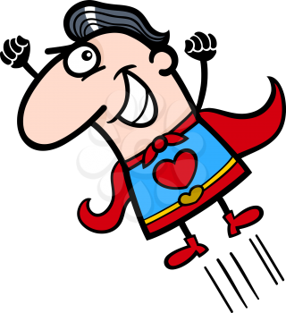 Cartoon Illustration of Funny Flying Man in Superhero Costume with Heart Sign for Valentines Day