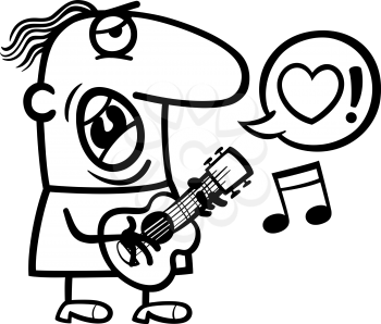 Black and White Cartoon Illustration of Funny Man Playing on the Guitar and Singing Love Song for Valentines Day
