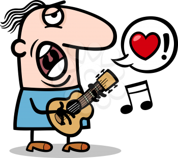 Cartoon Illustration of Funny Man Playing on the Guitar and Singing Love Song for Valentines Day