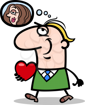 Cartoon Illustration of Funny Man Walking with his Valentine and thinking about Women he love for Valentines Day