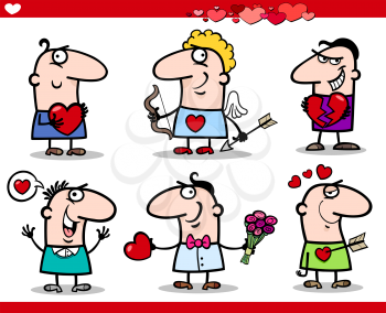 Cartoon Illustration of Happy Men Valentines Day or Love Themes with Heart, Valentine Cards, Cupid with Bow and Arrow