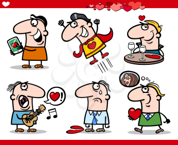 Cartoon Illustration of Happy Men Valentines Day or Love Themes with Heart, Valentine Cards