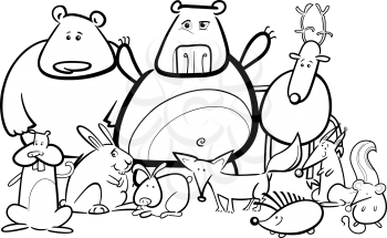 Black and White Cartoon Illustration of Funny Forest Wild Animals like Bears, Hedgehog, Deer, Hare and Fox for Coloring Book