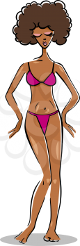 Cartoon Illustration of Cute Pretty Woman in Bikini or Swimsuit or Bathing Costume