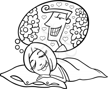 Black and White Cartoon Illustration of Cute Funny Woman in Love Dreaming about a Man