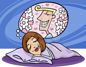 Cartoon Illustration of Cute Funny Woman in Love Dreaming about a Man