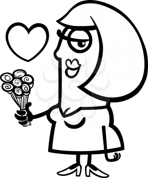 Black and White Cartoon Illustration of Happy Woman in Love with Flowers