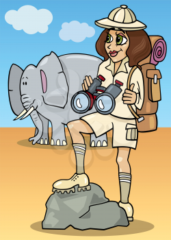 Cartoon Illustration of Cute Woman Traveler on African Safari with Elephant