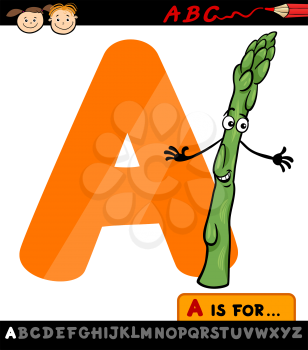 Cartoon Illustration of Capital Letter A from Alphabet with Asparagus Vegetable for Children Education