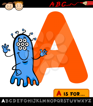 Cartoon Illustration of Capital Letter A from Alphabet with Alien for Children Education