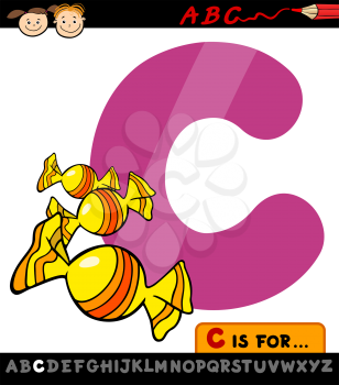 Cartoon Illustration of Capital Letter C from Alphabet with Candy for Children Education