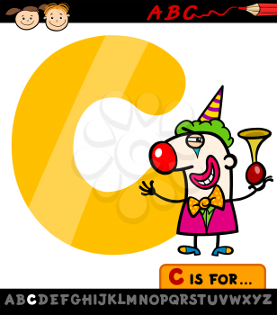 Cartoon Illustration of Capital Letter C from Alphabet with Clown for Children Education