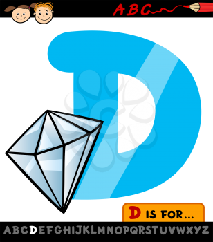 Cartoon Illustration of Capital Letter D from Alphabet with Diamond for Children Education