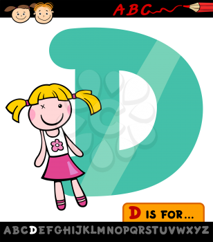 Cartoon Illustration of Capital Letter D from Alphabet with Doll for Children Education