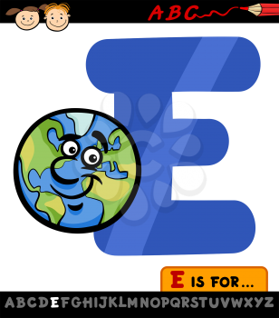 Cartoon Illustration of Capital Letter E from Alphabet with Earth for Children Education