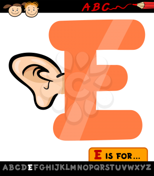 Cartoon Illustration of Capital Letter E from Alphabet with Ear for Children Education