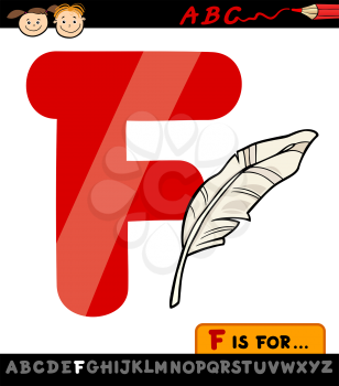 Cartoon Illustration of Capital Letter F from Alphabet with Feather for Children Education