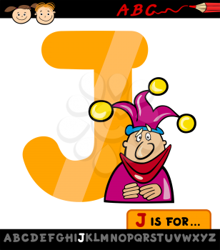 Cartoon Illustration of Capital Letter J from Alphabet with Jester for Children Education