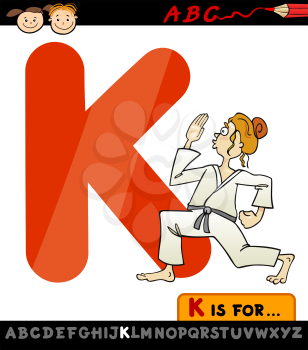 Cartoon Illustration of Capital Letter K from Alphabet with Karate for Children Education