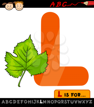 Cartoon Illustration of Capital Letter L from Alphabet with Leaf for Children Education