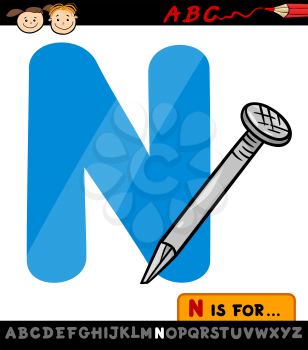 Cartoon Illustration of Capital Letter N from Alphabet with Nail for Children Education
