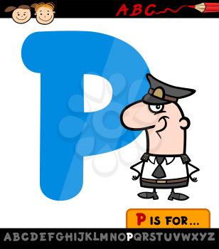 Cartoon Illustration of Capital Letter P from Alphabet with Policeman for Children Education