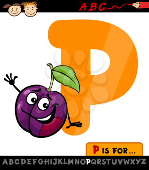 Cartoon Illustration of Capital Letter P from Alphabet with Plum for Children Education