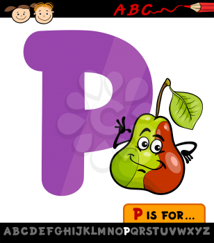 Cartoon Illustration of Capital Letter P from Alphabet with Pear for Children Education