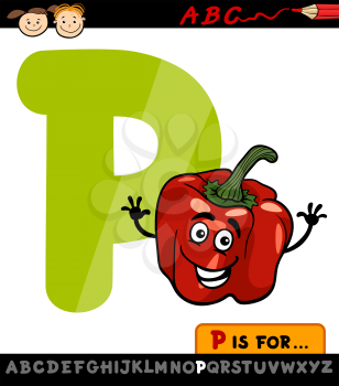 Cartoon Illustration of Capital Letter P from Alphabet with Pepper for Children Education