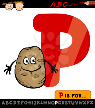 Cartoon Illustration of Capital Letter P from Alphabet with Potato for Children Education