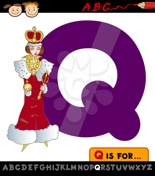 Cartoon Illustration of Capital Letter Q from Alphabet with Queen for Children Education