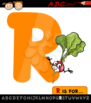 Cartoon Illustration of Capital Letter R from Alphabet with Radish for Children Education