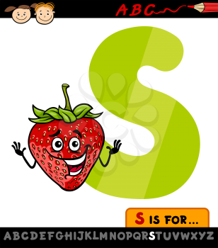 Cartoon Illustration of Capital Letter S from Alphabet with Strawberry for Children Education