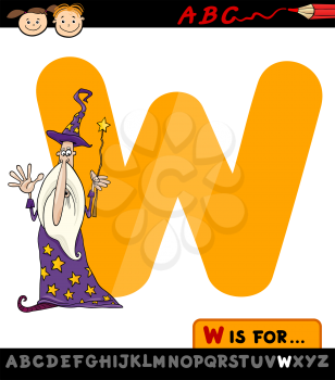 Cartoon Illustration of Capital Letter W from Alphabet with Wizard for Children Education