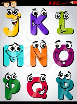 Cartoon Illustration of Funny Capital Letters Alphabet from J to R for Children Education