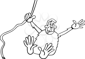 Black and White Cartoon Illustration of Funny Chimpanzee Ape in the Jungle for Coloring Book